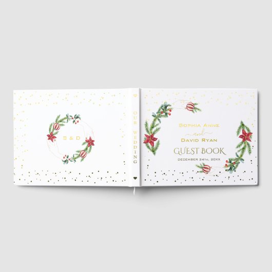 Winter Poinsettia Dennengebinten Kerst Huwelijk Gastenboek (Volledig)