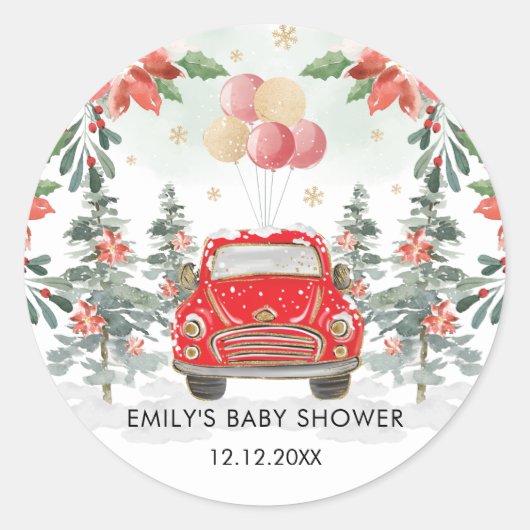 Winter Poinsettia groen rijden door Party Parade Ronde Sticker (Voorkant)