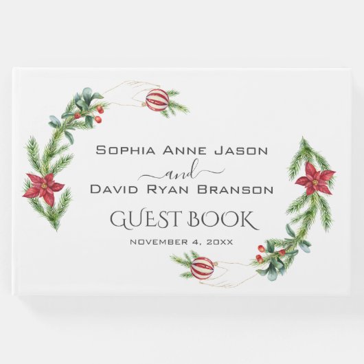 Winter Poinsettia Pine Berry Kerstmis Bruiloft Gastenboek (Voorkant)