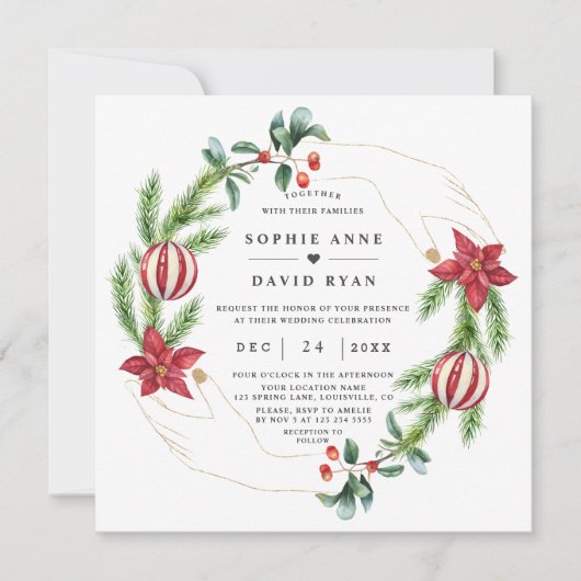 Winter Poinsettia Pine Berry Kerstmis Bruiloft Kaart (Voorkant)