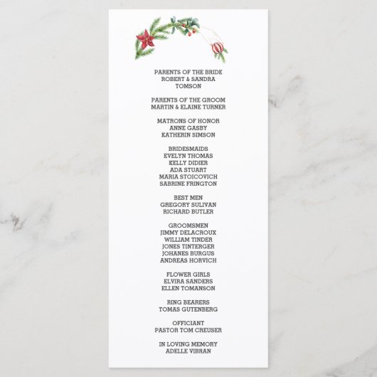 Winter Poinsettia Pine Berry Kerstmis Bruiloft Programmakaart (Achterkant)