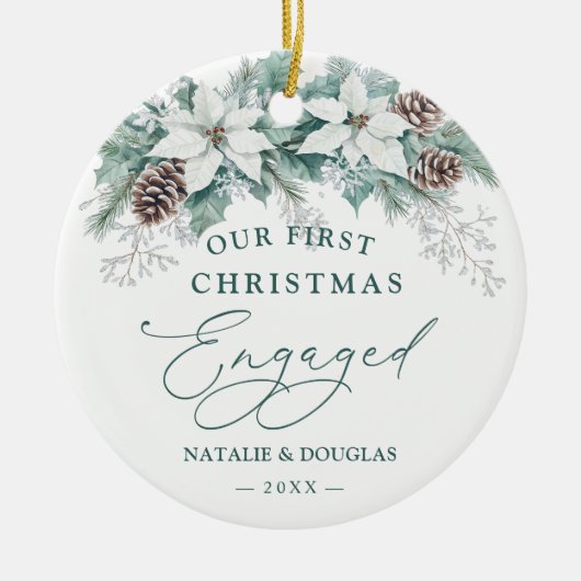 Winter Poinsettia Pine Onze 1e Kerstmis verloofd Keramisch Ornament (Voorkant)