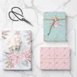 Winter Poinsettia Roze Groen pastel Kerstmis Inpakpapier Vel