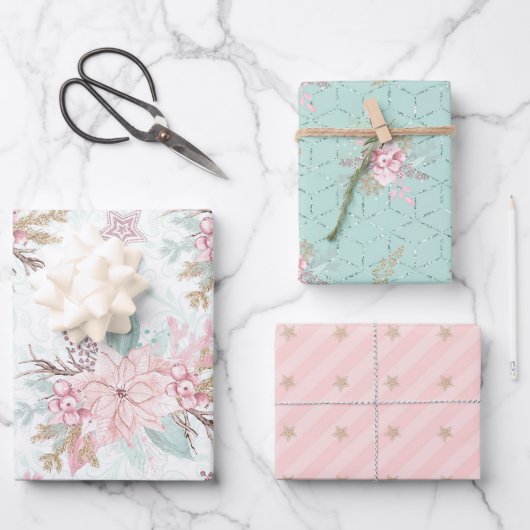 Winter Poinsettia Roze Groen pastel Kerstmis Inpakpapier Vel (Voorkant)