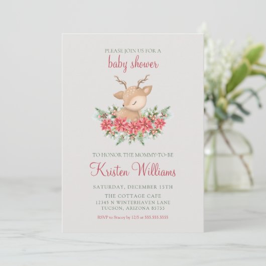 Winter Poinsettia Schattigee kleine herten Baby sh Kaart (Staand voorkant)