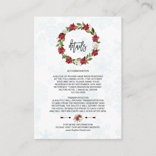 Winter Poinsettia Snowflakes Weddenschap Details Informatiekaartje (Voorkant)