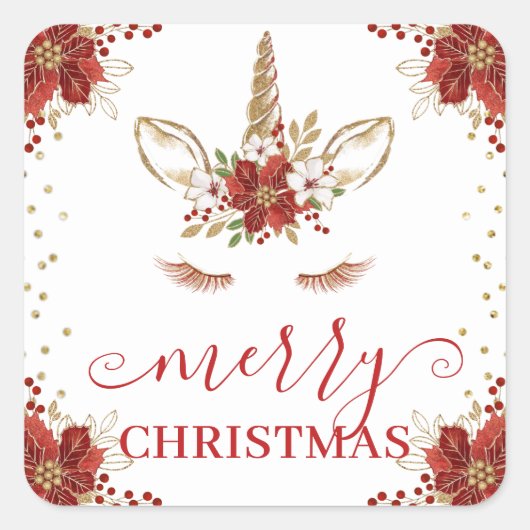 Winter Poinsettia Unicorn Merry Christmas Vierkante Sticker (Voorkant)