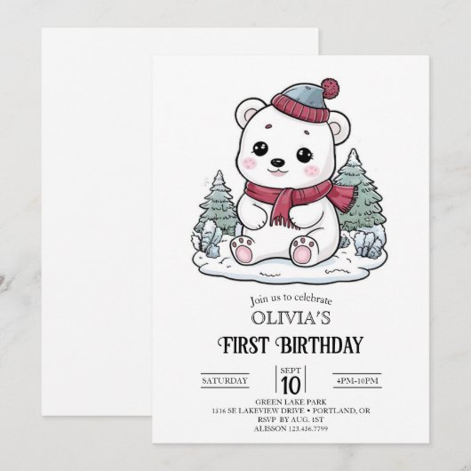 Winter Polar Beer 1e verjaardag Digitaal Kaart (Voorkant / Achterkant)
