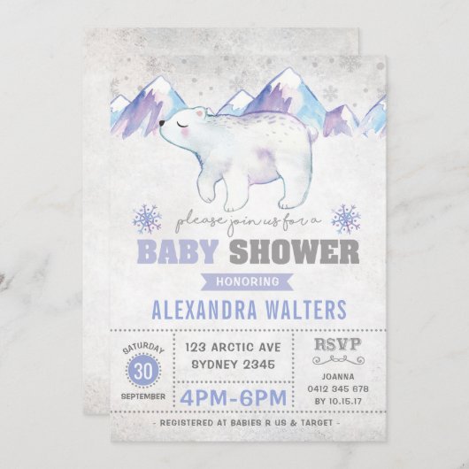 Winter Polar Beer Baby shower Uitnodiging Snowflak (Voorkant / Achterkant)
