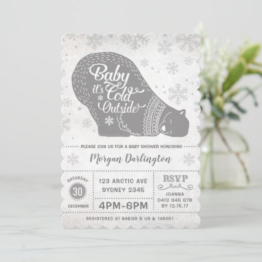 Winter Polar Beer Baby shower Uitnodiging Snowflak (Staand voorkant)