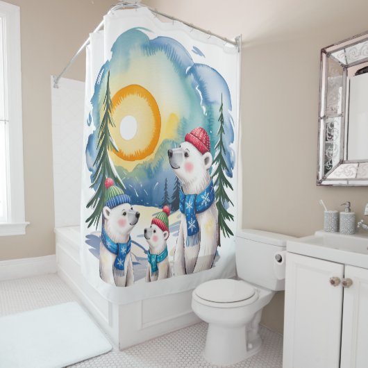 Winter Polar Beer Familie Kerst Douchegordijn (In situ)