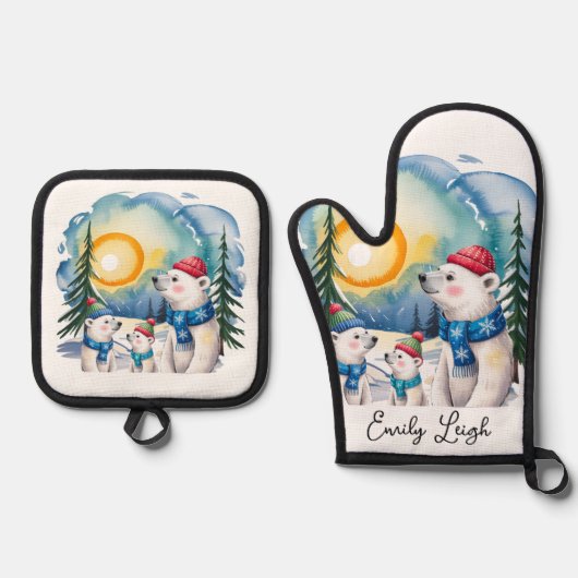 Winter Polar Beer Familie Kerst Ovenwant & Pannenlap Set (Voorkant)