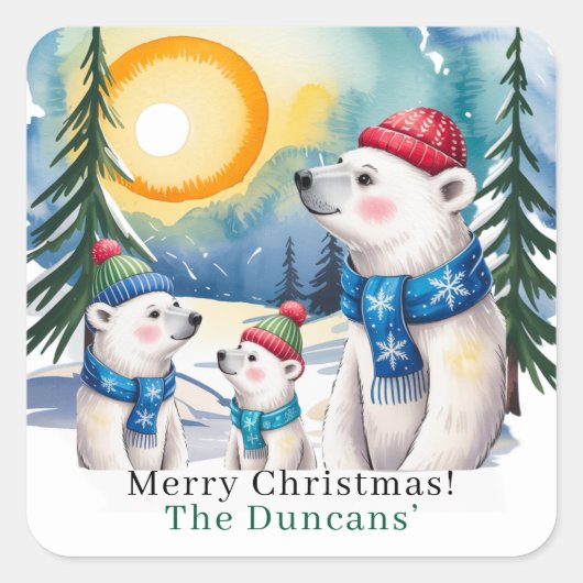 Winter Polar Beer Familie Kerst Vierkante Sticker (Voorkant)