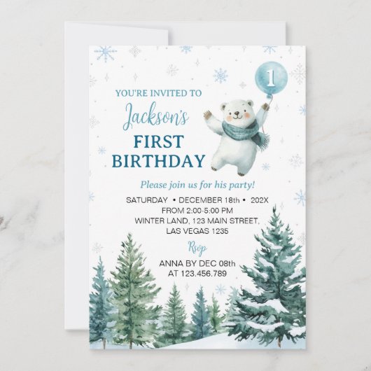 Winter Polar Beer Forest 1e verjaardag Kaart (Voorkant)