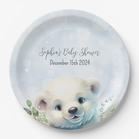 Winter Polar Beer Koud Buiten Blauw Baby shower Papieren Bordje (Voorkant)