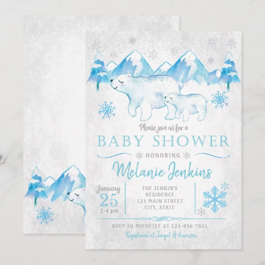 Winter Polar Beer Snow Boy Baby shower Invitation Kaart (Voorkant / Achterkant)