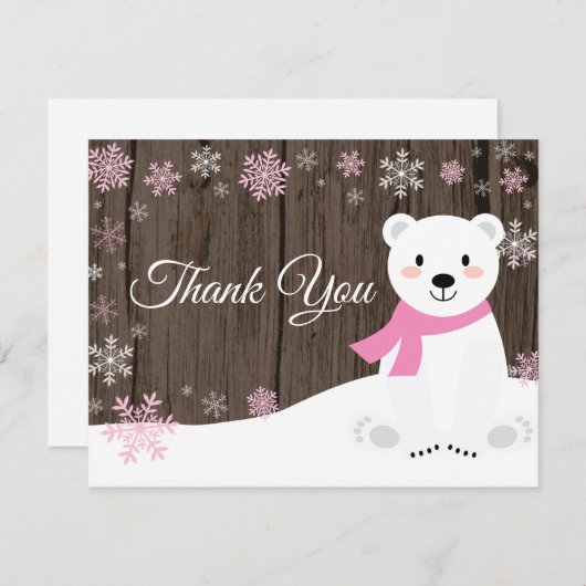 Winter Polar Beer Snowflake Roze Hartelijk dank Bedankkaart (Voorkant / Achterkant)