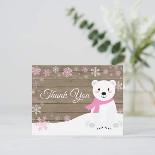 Winter Polar Beer Snowflake Roze Hartelijk dank Bedankkaart (Staand voorkant)