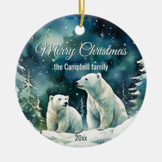 Winter Polar Beren Vrolijk Kerstfeest Familienaam Keramisch Ornament (Voorkant)