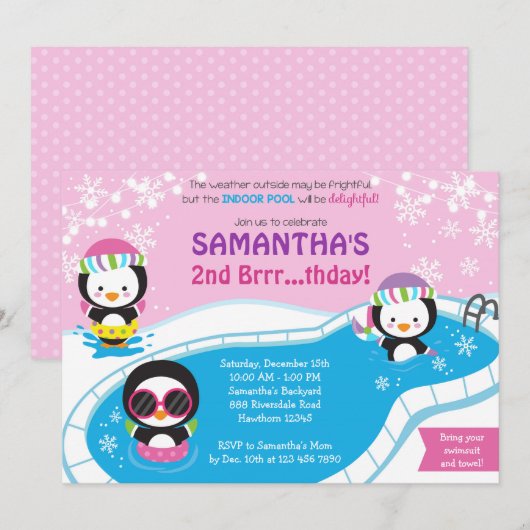 Winter Pool Birthday Invitation / Pool Invitation Kaart (Voorkant / Achterkant)