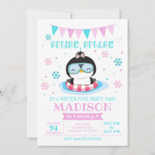Winter Pool Party Invitation / Girl Penguin Invite Kaart