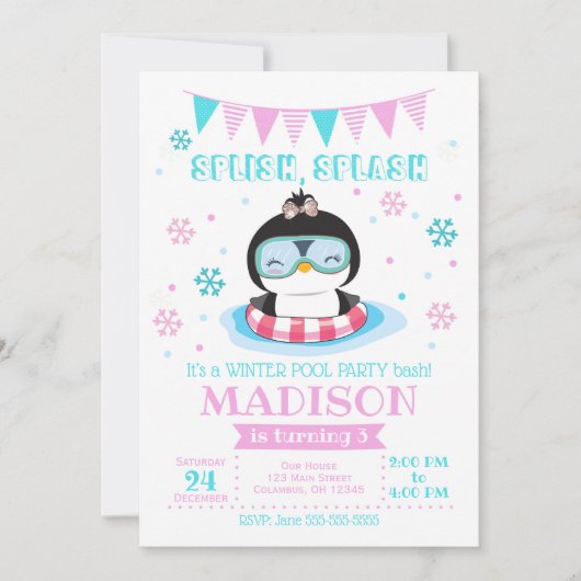 Winter Pool Party Invitation / Girl Penguin Invite Kaart (Voorkant)