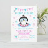 Winter Pool Party Invitation / Girl Penguin Invite Kaart (Staand voorkant)