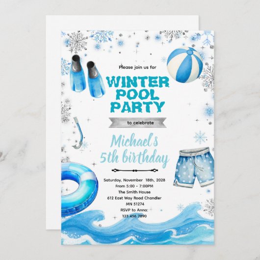 Winter pool party theme invitation kaart (Voorkant / Achterkant)