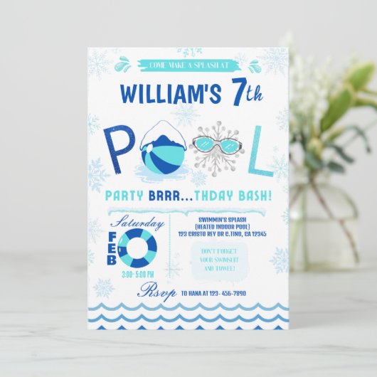 Winter Pool Party | Zwemmen verjaardag uitnodiging (Staand voorkant)
