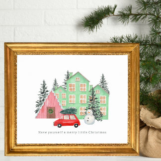 winter Prettig kerstfeest cottage waterverf vintag Poster