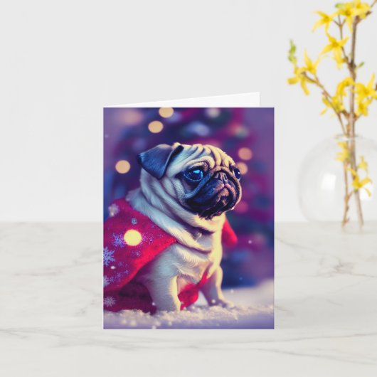 Winter Pug Puppy Wenskaart Kaart (Gele Bloem)