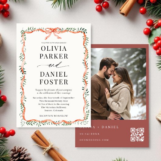 Winter QR Code Photo Red Ribbon & Bow Wedding Kaart