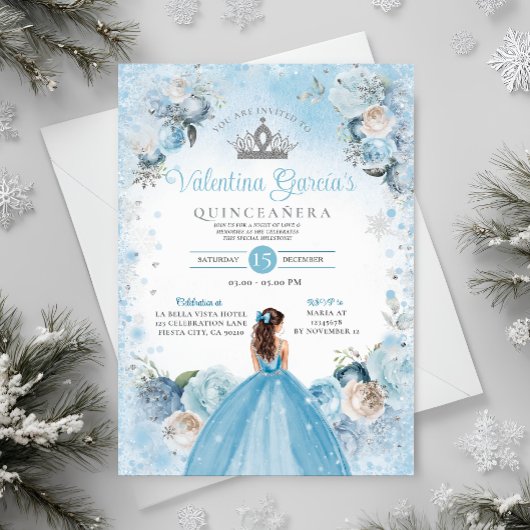 Winter Quinceañera Snowflakes Dusty Blue Crown Kaart