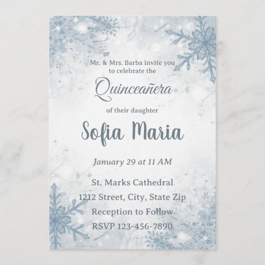 Winter Quinceañera Uitnodiging – Sneeuwvlokken, Zi (Voorkant)