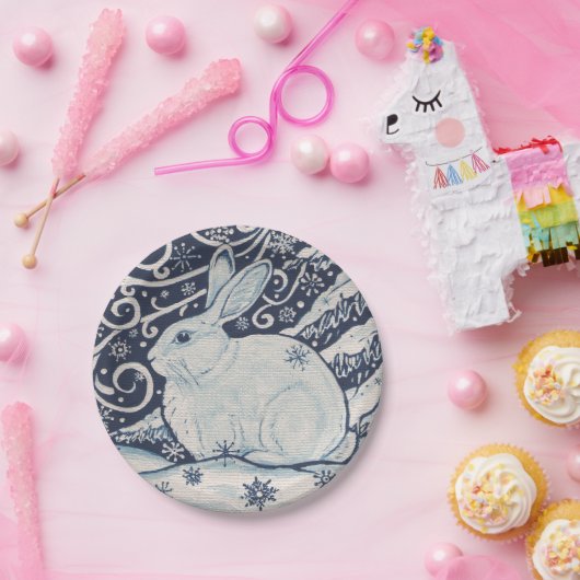Winter Rabbit Blue & White Delft Dedham Papieren Bordje (Feest)