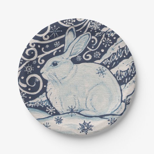 Winter Rabbit Blue & White Delft Dedham Papieren Bordje (Voorkant)