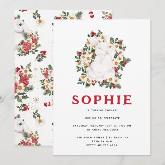 Winter Rabbit Floral | Partij voor de verjaardag Kaart (Voorkant / Achterkant)