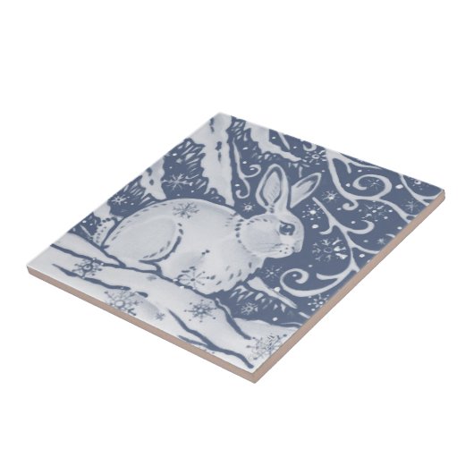 Winter Rabbit Hare Snow Denim Blue Dedham Delft Tegeltje (Zijkant)