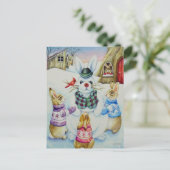 Winter Rabbits Building Snowbunny Waterverf Art Briefkaart (Staand voorkant)