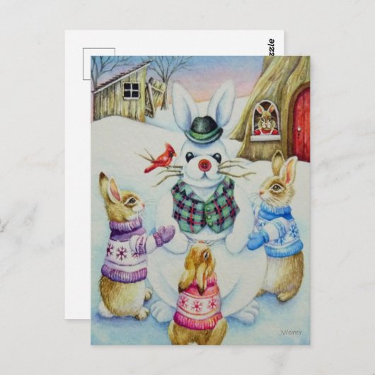 Winter Rabbits Building Snowbunny Waterverf Art Briefkaart (Voorkant / Achterkant)