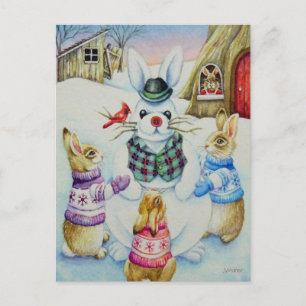 Winter Rabbits Building Snowbunny Waterverf Art Briefkaart