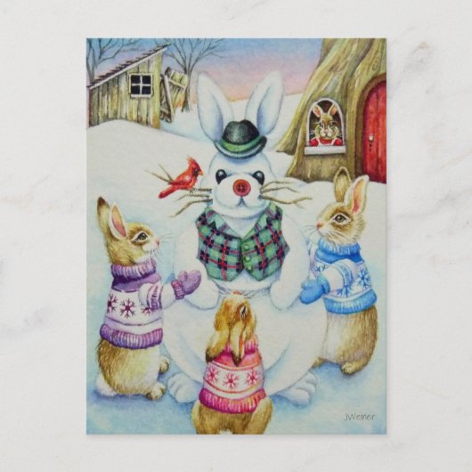 Winter Rabbits Building Snowbunny Waterverf Art Briefkaart (Voorkant)