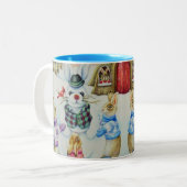 Winter Rabbits Building Snowbunny Waterverf Art Tweekleurige Koffiemok (Voorkant links)