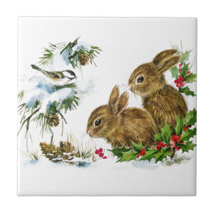 Winter Rabbits Ceramic Tile Tegeltje