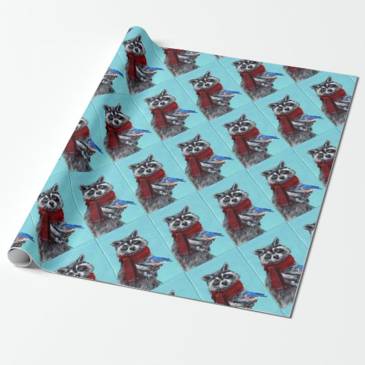 Winter Raccoon met Bluebird Cadeaupapier (Uitgerold)
