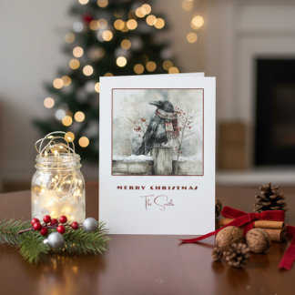 Winter Raven Crow Christmas Card with Cozy Scarf Feestdagen Kaart