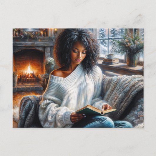 Winter Reading Black Woman Cozy Art Briefkaart (Voorkant)
