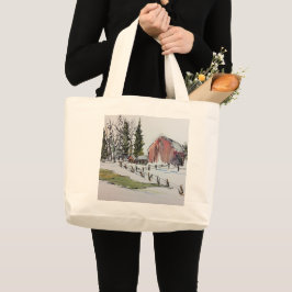 Winter Red Barn Canvas tas inkt met waterverf