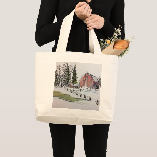 Winter Red Barn Canvas tas inkt met waterverf (Voorkant (product))
