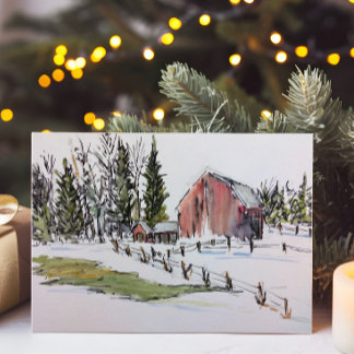 Winter Red Barn Waterverf Landschap Feestdagenkaart